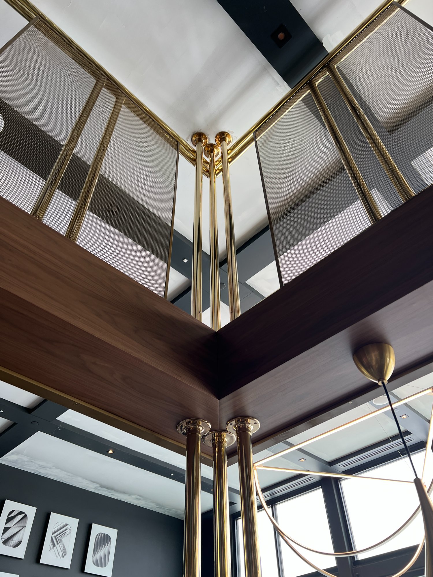 Brass railing and walnut millwork detail